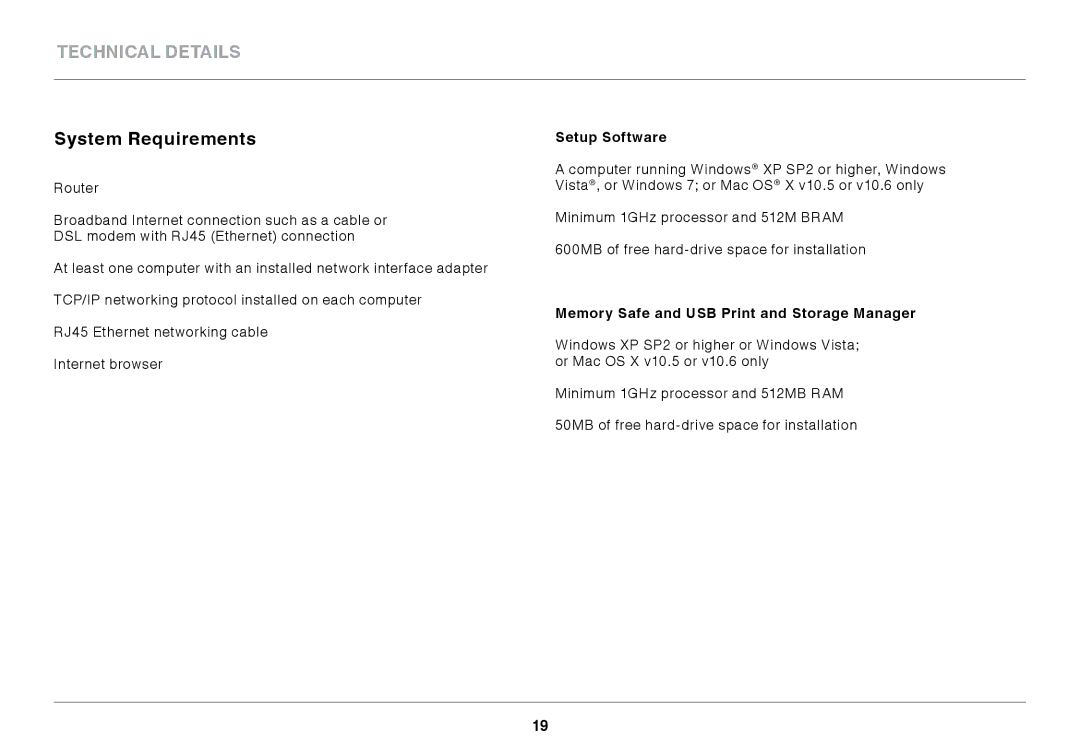 Belkin F9K1102 user manual System Requirements, Setup Software, Memory Safe and USB Print and Storage Manager 