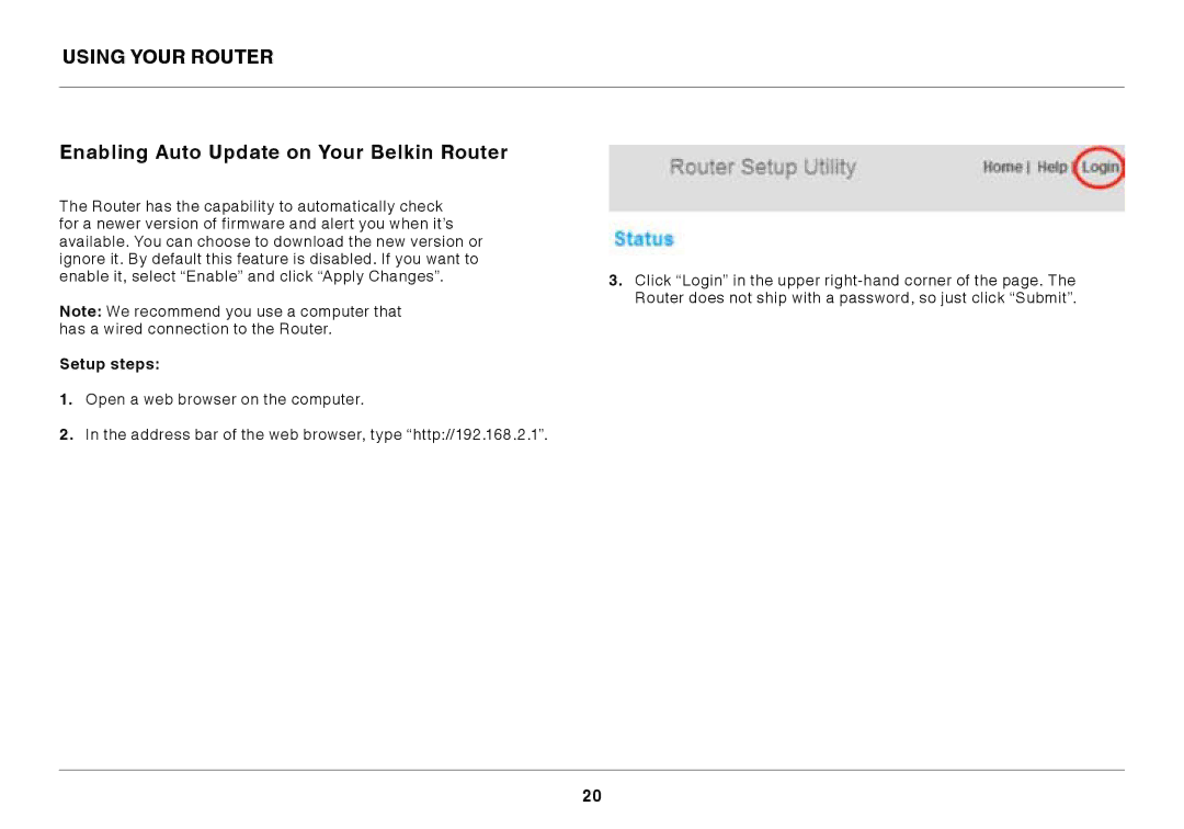 Belkin F9K1102 user manual Enabling Auto Update on Your Belkin Router, Setup steps 