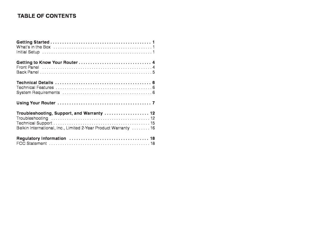 Belkin F9K1107 8820-00920 Rev. A00 user manual Table Of Contents, Regulatory Information 