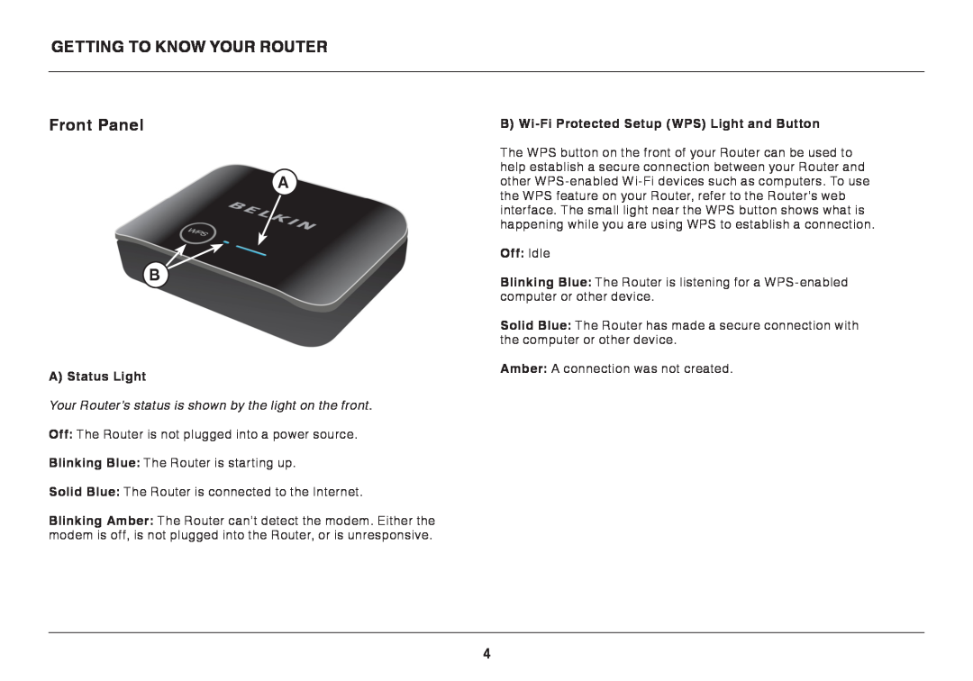 Belkin F9K1107 8820-00920 Rev. A00 user manual Getting To Know Your Router, Front Panel A B, A Status Light, Off Idle 
