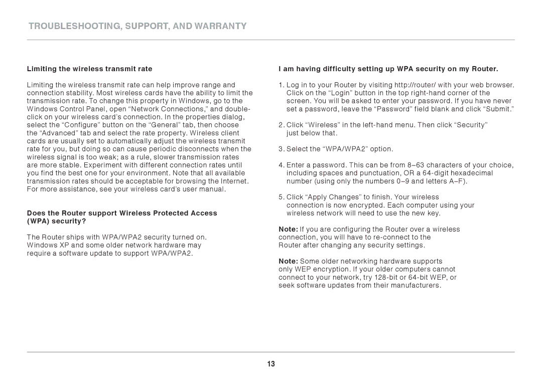 Belkin F9K1107 8820-00920 Rev. A00 user manual TROUBLESHOOTING, SUPPORT, and Warranty 