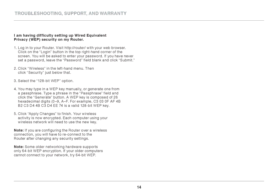 Belkin F9K1107 8820-00920 Rev. A00 user manual TROUBLESHOOTING, SUPPORT, and Warranty 