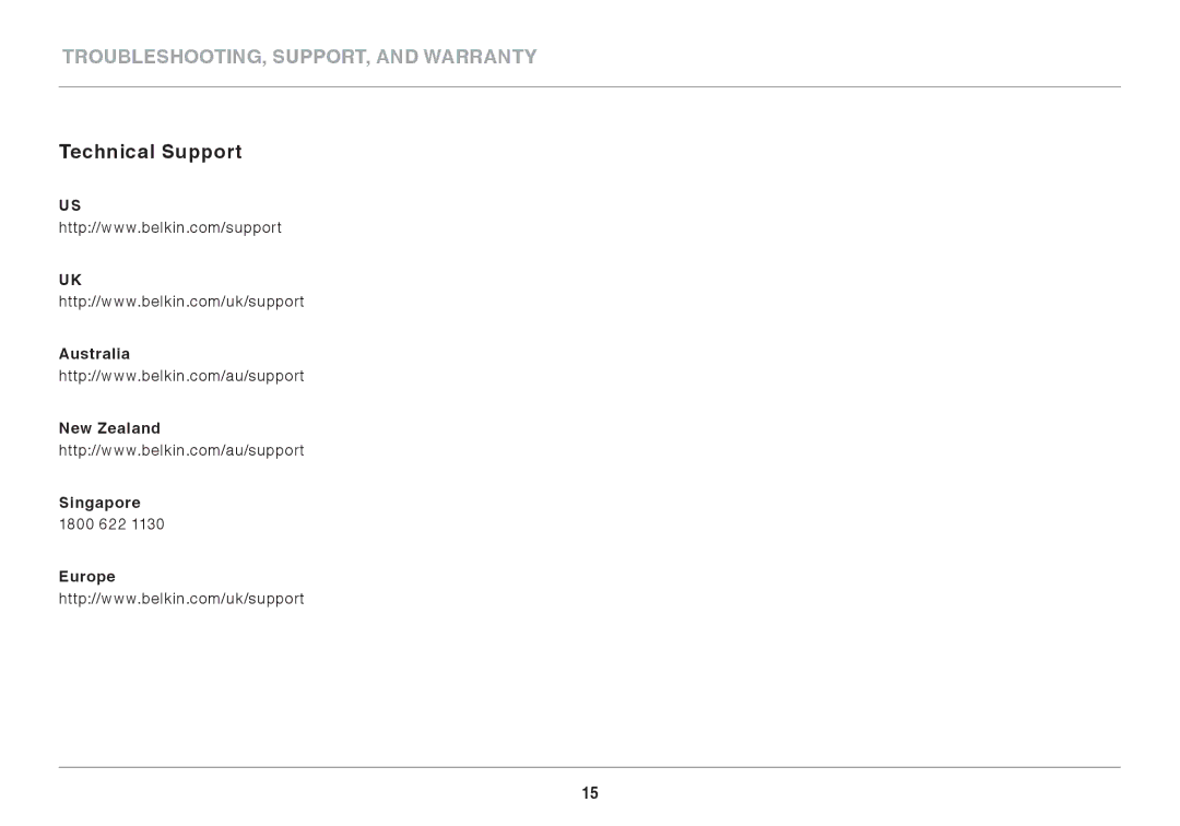 Belkin F9K1107 8820-00920 Rev. A00 user manual Technical Support, Australia New Zealand Singapore, Europe 