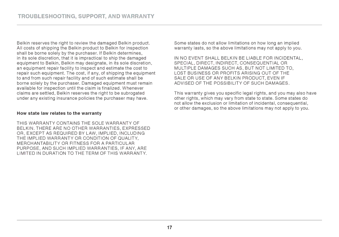 Belkin F9K1107 8820-00920 Rev. A00 user manual How state law relates to the warranty 