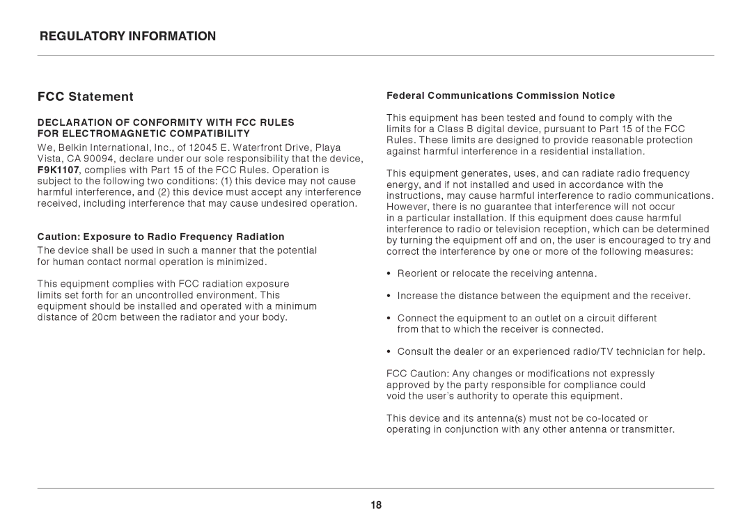 Belkin F9K1107 8820-00920 Rev. A00 Regulatory Information, FCC Statement, Federal Communications Commission Notice 