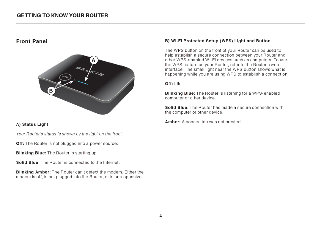 Belkin F9K1107 8820-00920 Rev. A00 user manual Getting to Know Your Router, Front Panel, Status Light, Off Idle 