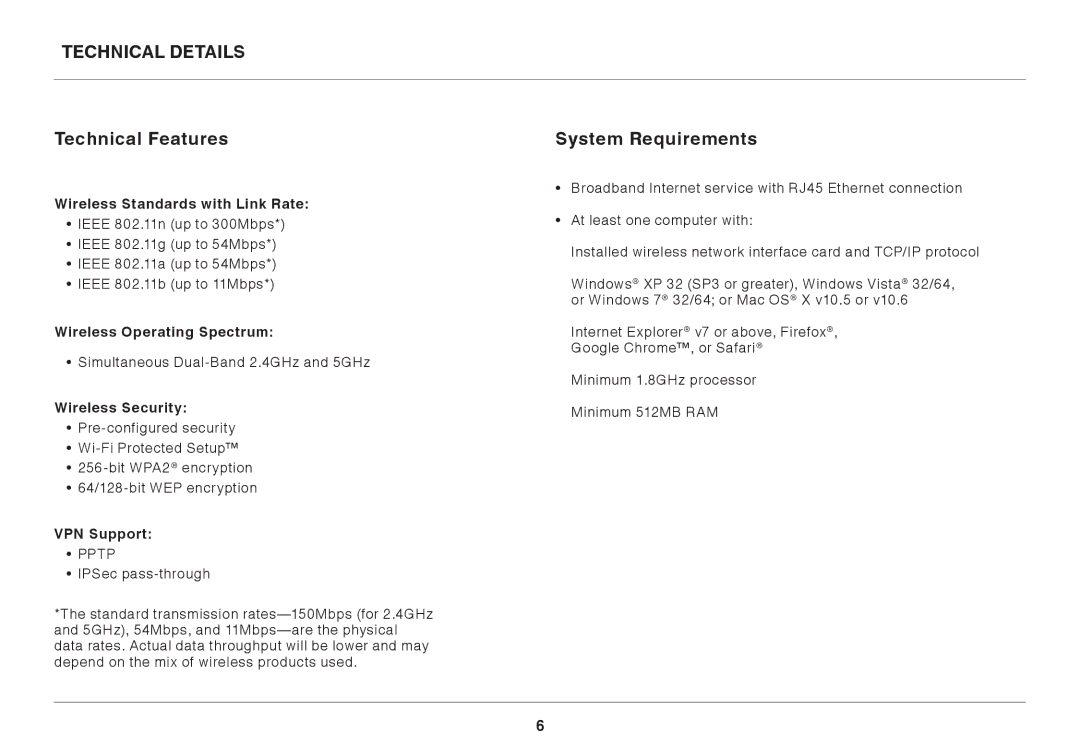 Belkin F9K1107 8820-00920 Rev. A00 user manual Technical Details, Technical Features, System Requirements 