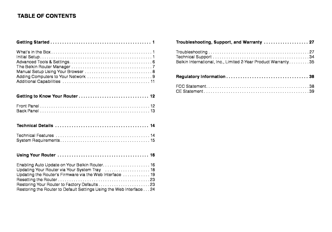 Belkin F9K1108V1 Table Of Contents, Troubleshooting, Support, and Warranty, Technical Details, Using Your Router 