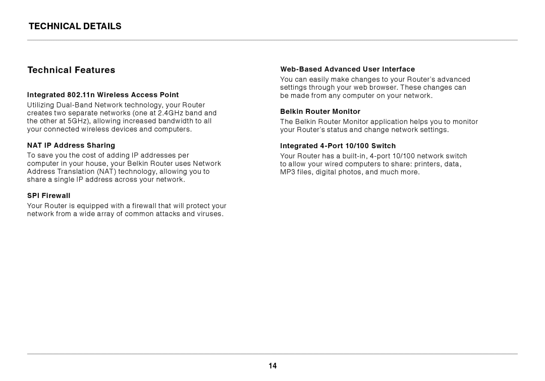 Belkin F9K1108V1 user manual Technical Details Technical Features 