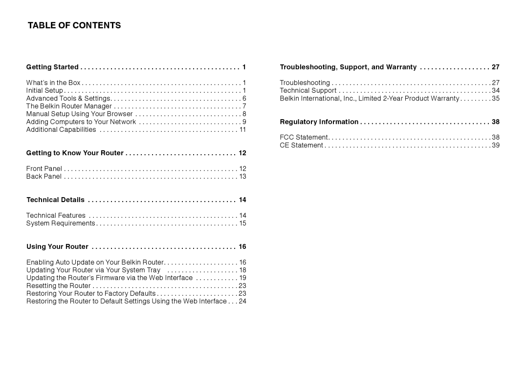 Belkin F9K1108V1 user manual Table Of Contents 