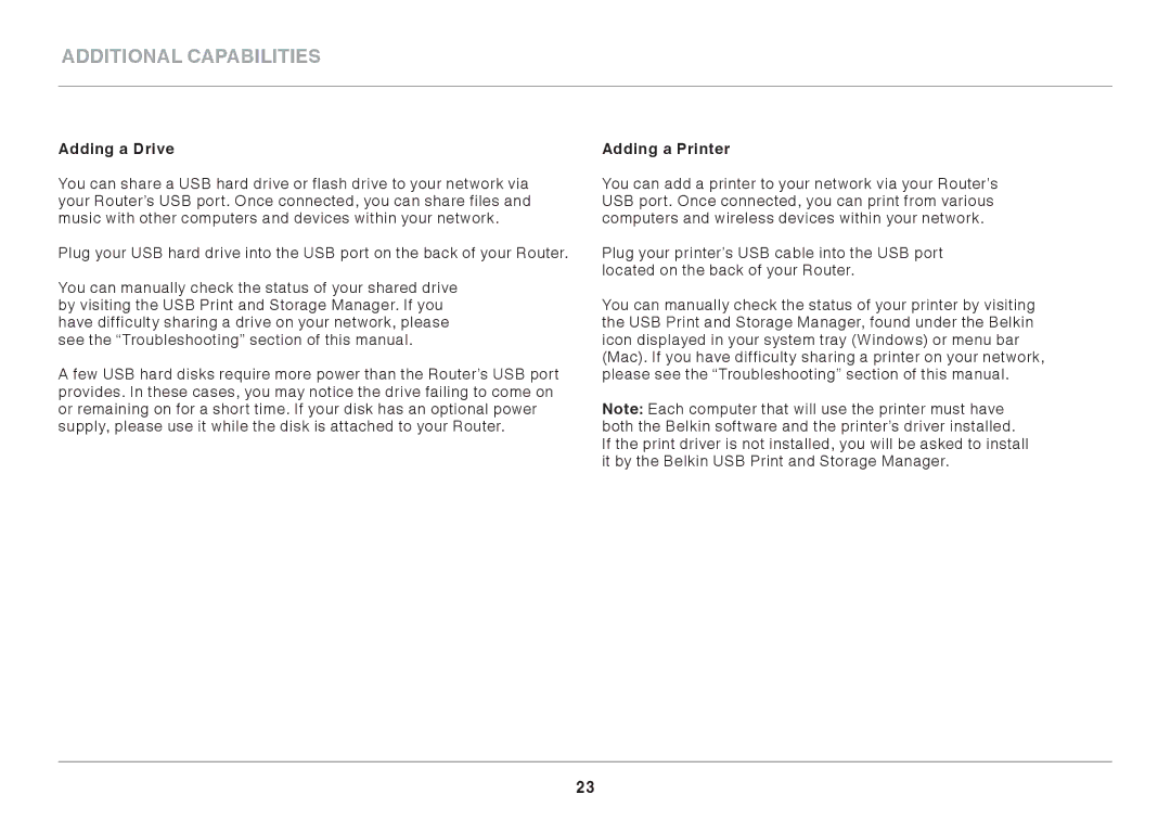 Belkin F9K1116 user manual Additional Capabilities, Adding a Drive, Adding a Printer 