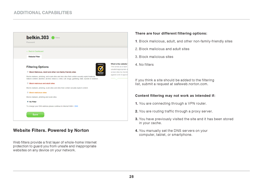 Belkin F9K1116 user manual Website Filters.. Powered by Norton, There are four different filtering options 