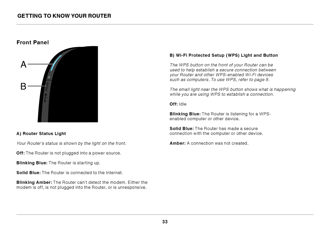 Belkin F9K1116 Getting to Know Your Router, Front Panel, Router Status Light, Wi-Fi Protected Setup WPS Light and Button 