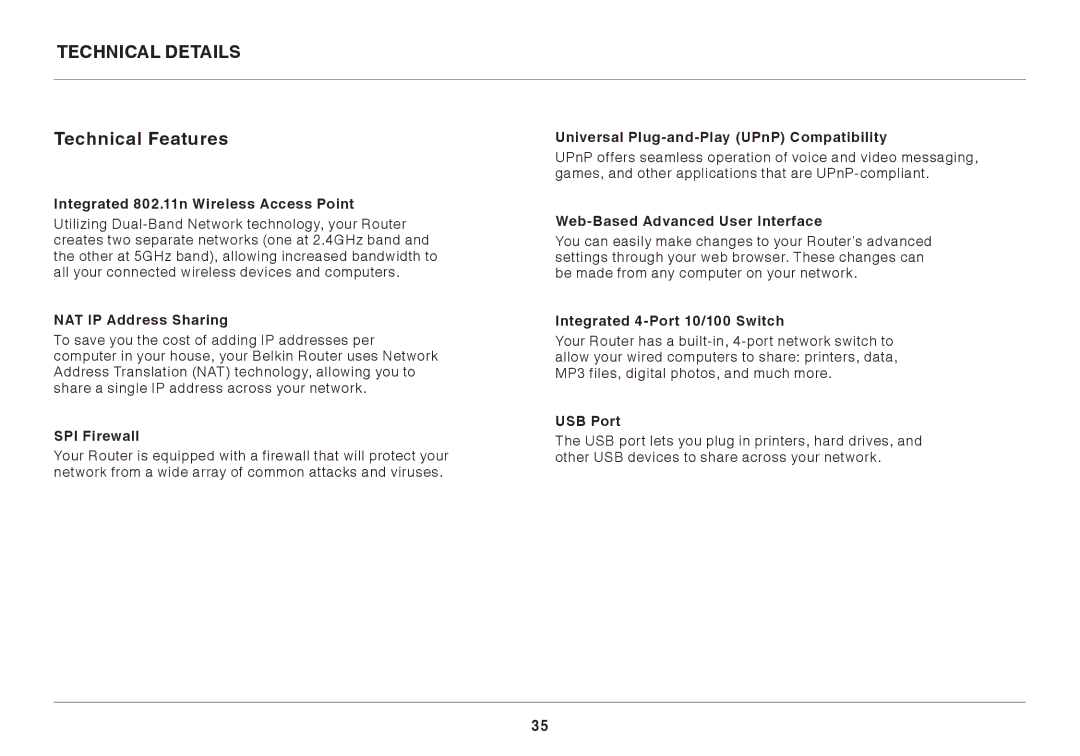 Belkin F9K1116 user manual Technical Details, Technical Features 