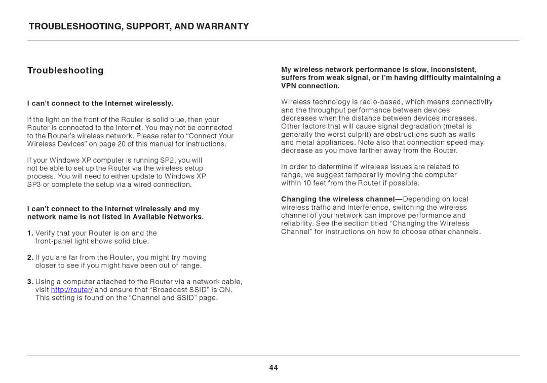 Belkin F9K1116 TROUBLESHOOTING, SUPPORT, and Warranty, Troubleshooting, Can’t connect to the Internet wirelessly 