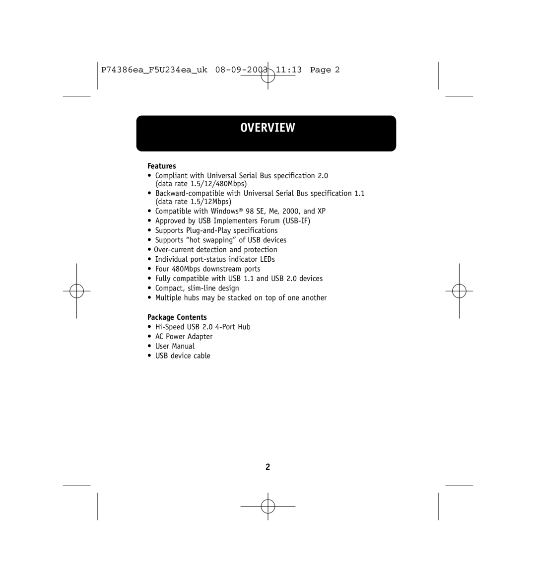 Belkin FSU234ea user manual Overview, Features, Package Contents, P74386eaF5U234eauk 08-09-2003 1113 Page 