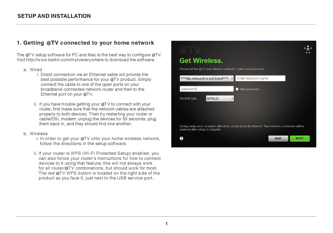 Belkin G1V1000 8820-01176 user manual Setup and Installation, Getting @TV connected to your home network 