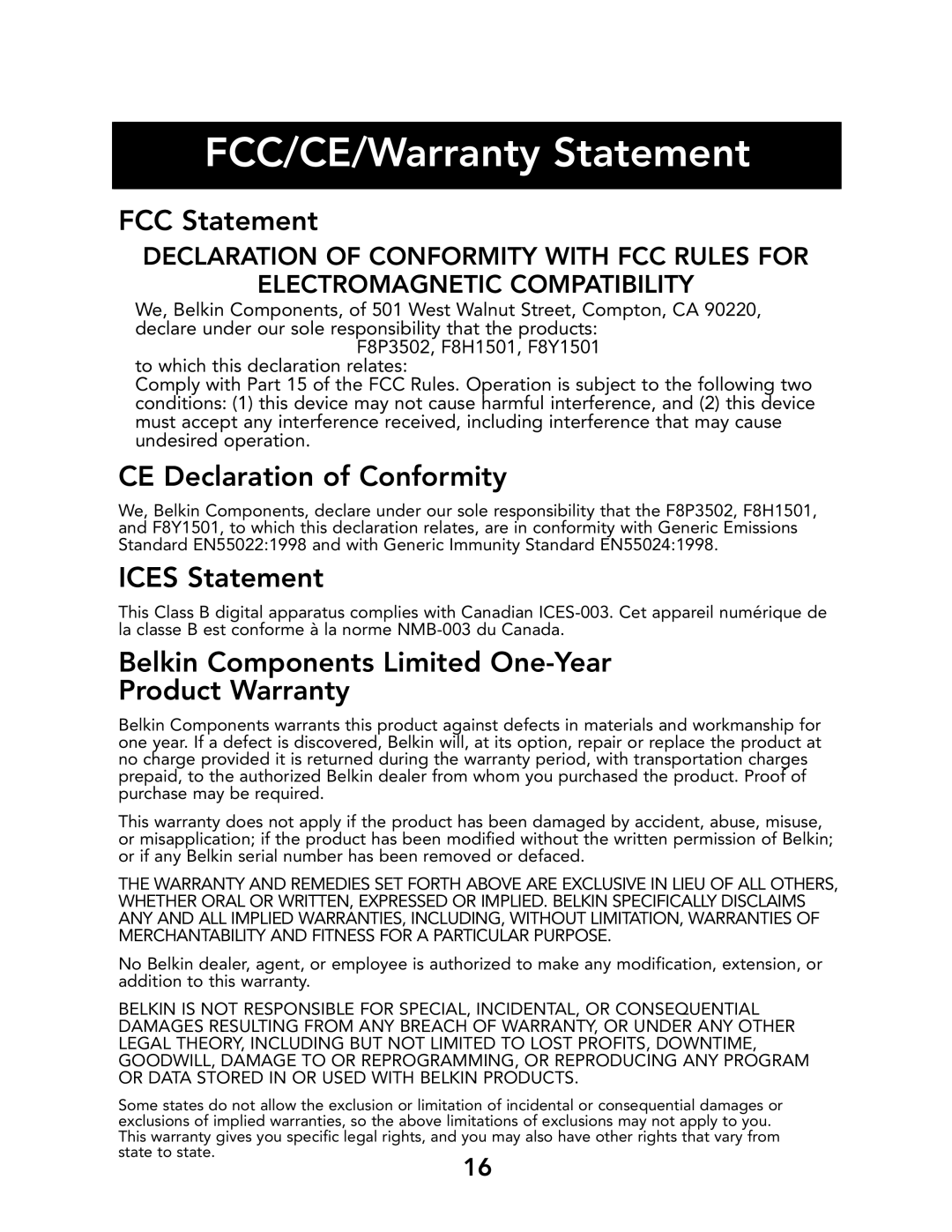 Belkin G700 Series manual FCC/CE/Warranty Statement 