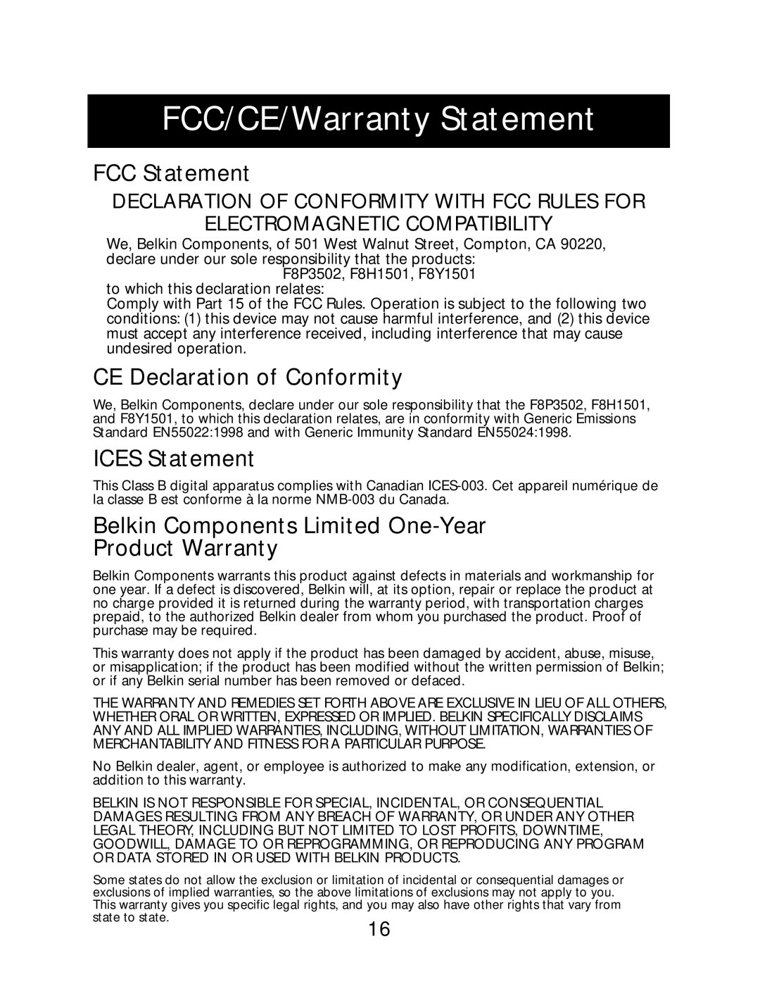 Belkin G700 manual FCC/CE/Warranty Statement 