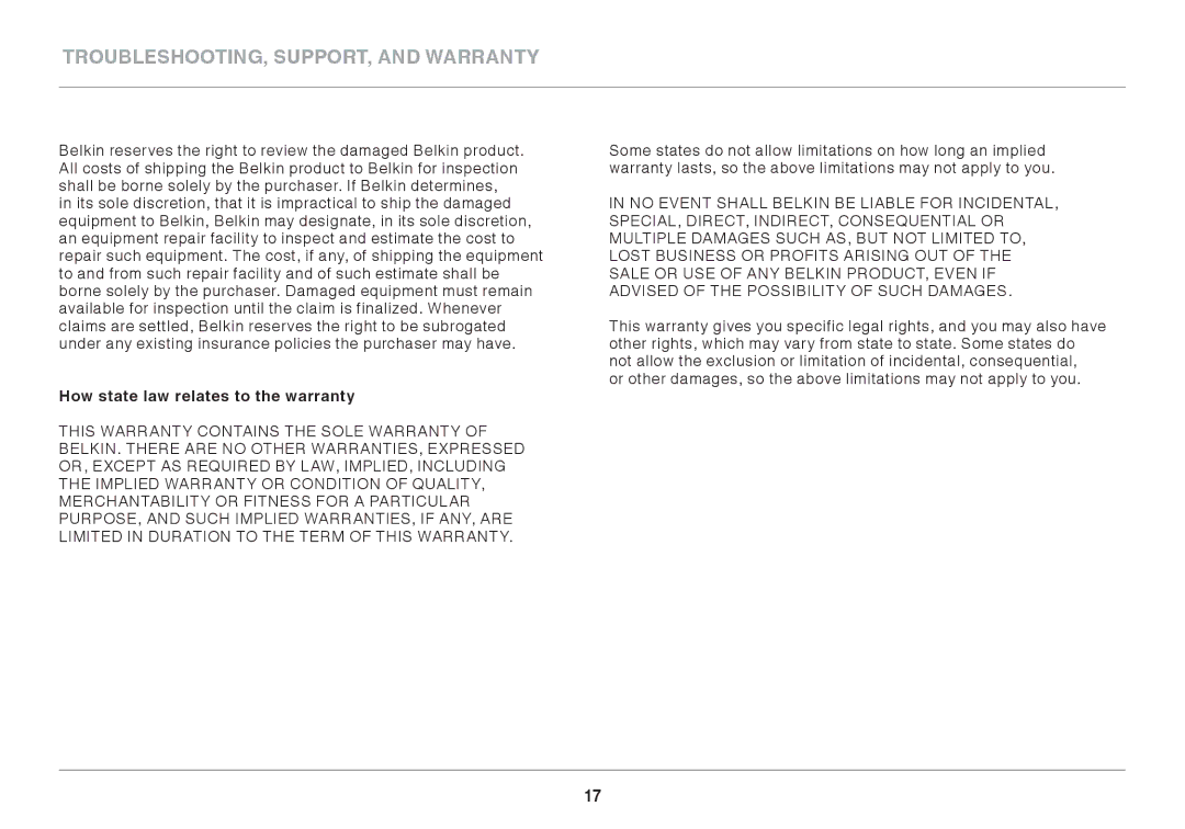 Belkin GO N300 DB user manual How state law relates to the warranty 