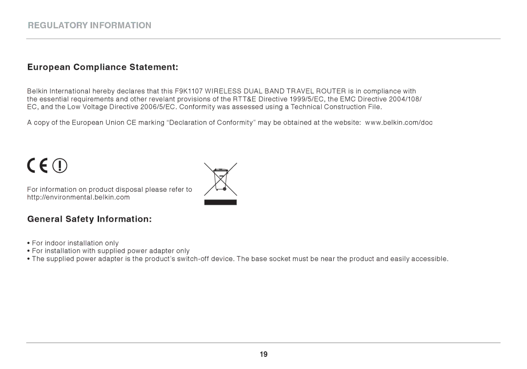 Belkin GO N300 DB user manual Regulatory Information, European Compliance Statement, General Safety Information 