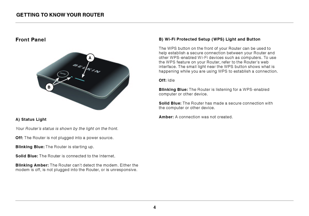 Belkin GO N300 DB Getting to Know Your Router Front Panel, Status Light, Wi-Fi Protected Setup WPS Light and Button 