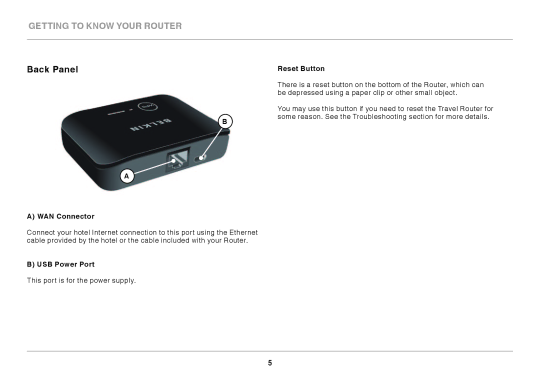 Belkin GO N300 DB user manual Getting to Know Your Router, Back Panel, Reset Button, WAN Connector, USB Power Port 