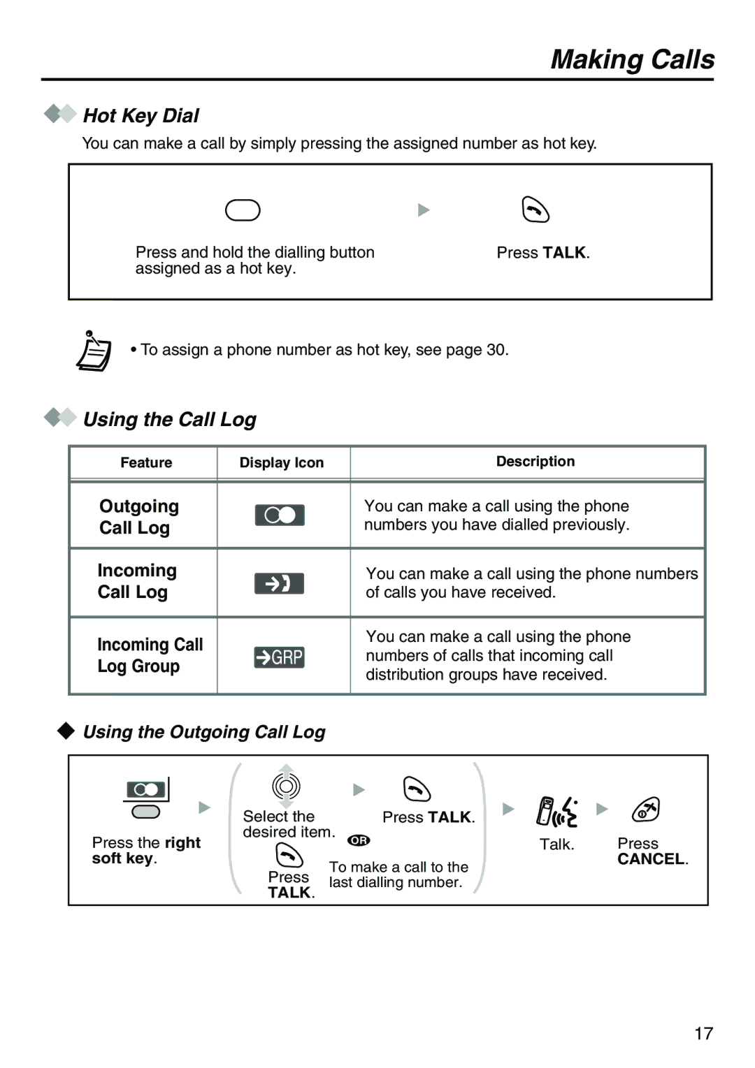 Belkin KX-TCA256 operating instructions Hot Key Dial, Using the Call Log, Using the Outgoing Call Log 