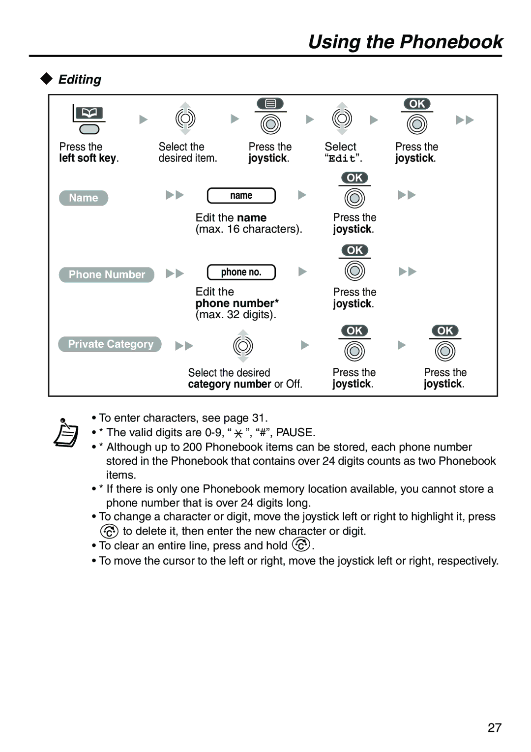 Belkin KX-TCA256 operating instructions Editing, Phone number Joystick 