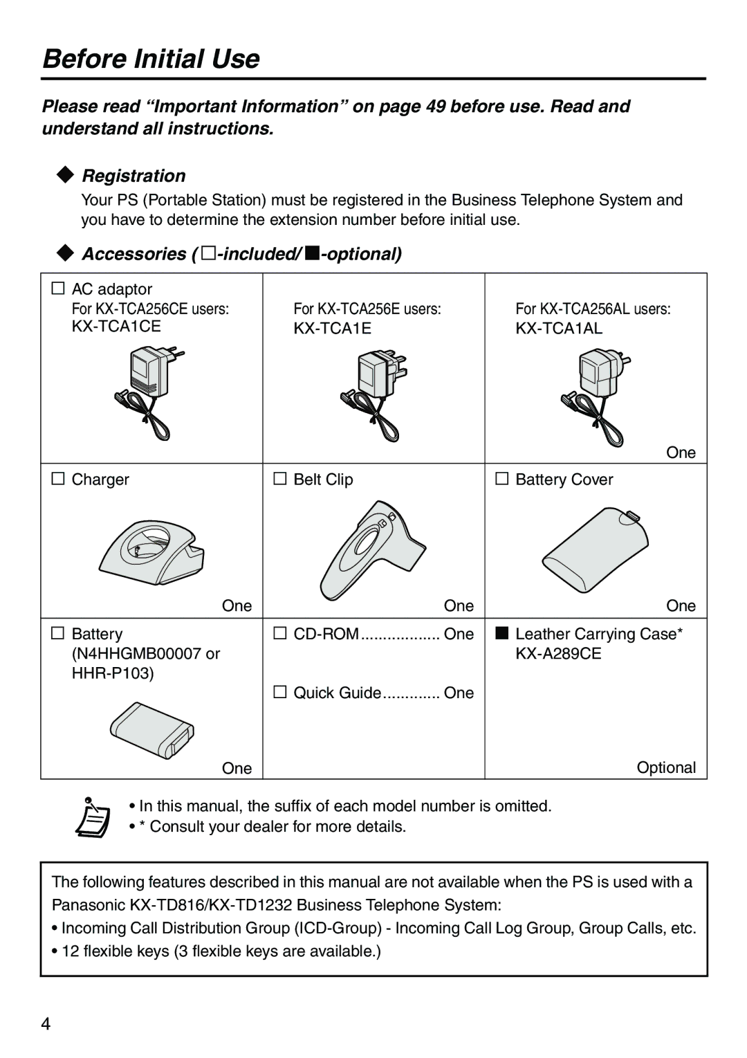 Belkin KX-TCA256 Before Initial Use, Accessories j-included/ i-optional, Charger Belt Clip Battery Cover 