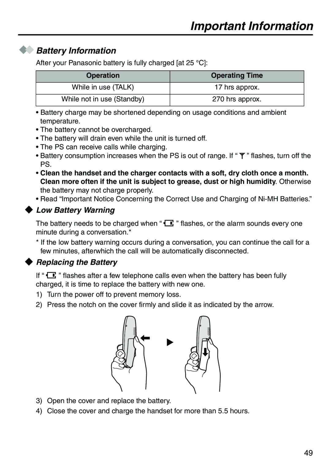 Belkin KX-TCA256 Important Information, Battery Information, Low Battery Warning, Replacing the Battery 