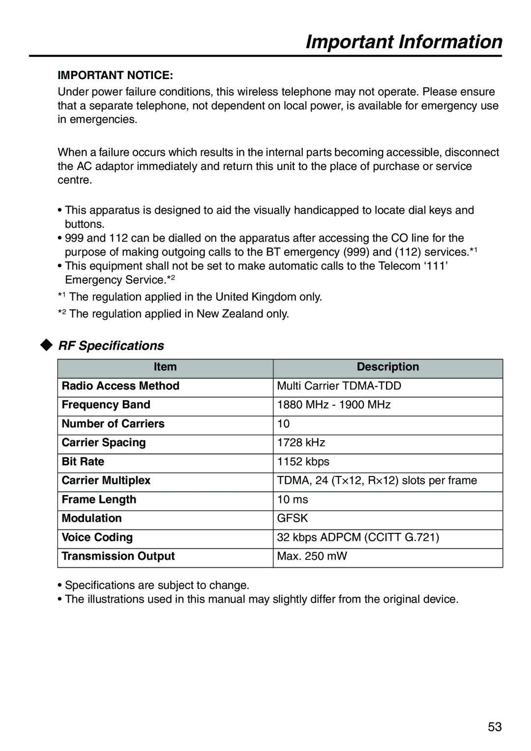 Belkin KX-TCA256 operating instructions RF Specifications, Description 