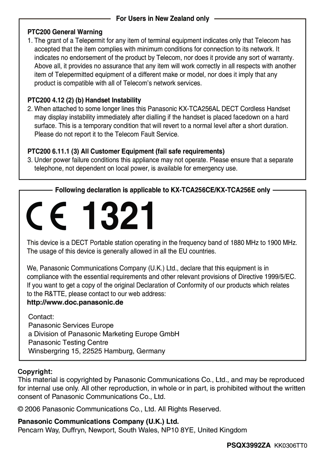 Belkin KX-TCA256 For Users in New Zealand only PTC200 General Warning, PTC200 4.12 2 b Handset Instability 