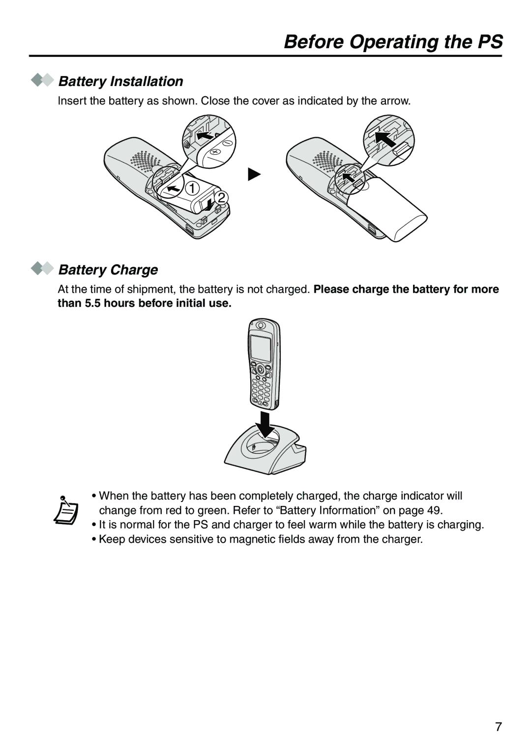 Belkin KX-TCA256 operating instructions Battery Installation, Battery Charge, Than 5.5 hours before initial use 