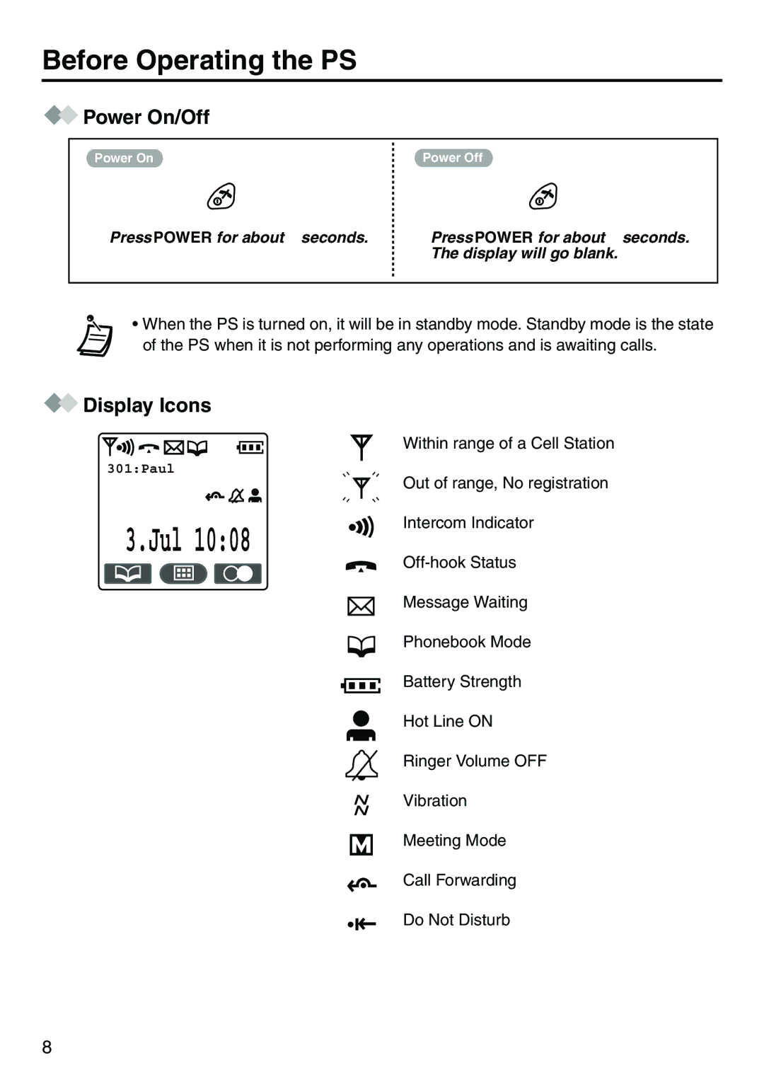 Belkin KX-TCA256 operating instructions Power On/Off, Display Icons 