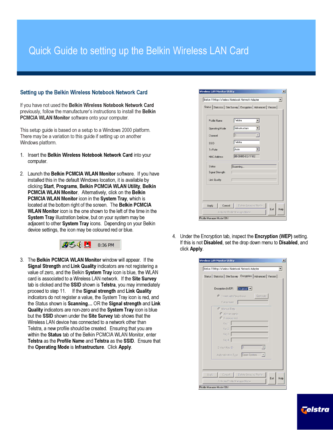 Belkin setup guide Quick Guide to setting up the Belkin Wireless LAN Card 