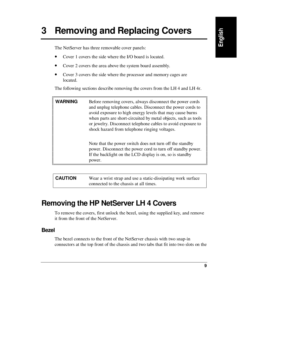 Belkin LH R manual Removing and Replacing Covers, Removing the HP NetServer LH 4 Covers, Bezel 