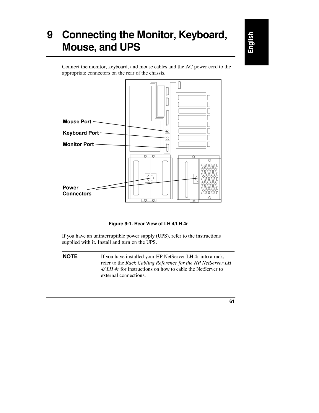 Belkin LH R Connecting the Monitor, Keyboard, Mouse, and UPS, Refer to the Rack Cabling Reference for the HP NetServer LH 