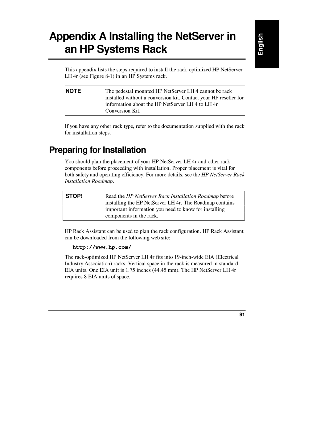 Belkin LH R, LH 4 manual Appendix a Installing the NetServer in an HP Systems Rack 