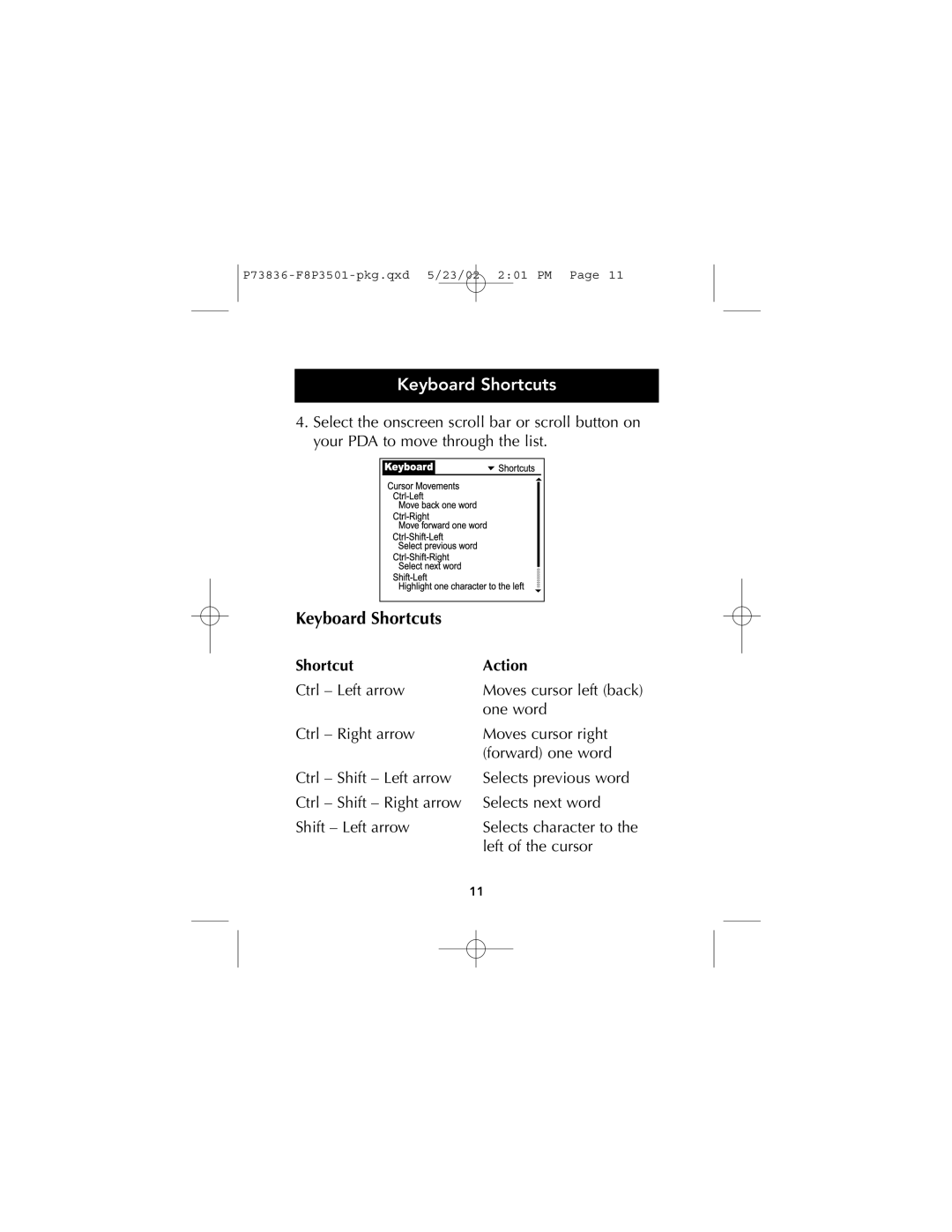 Belkin m500 manual Keyboard Shortcuts, Shortcut Action 