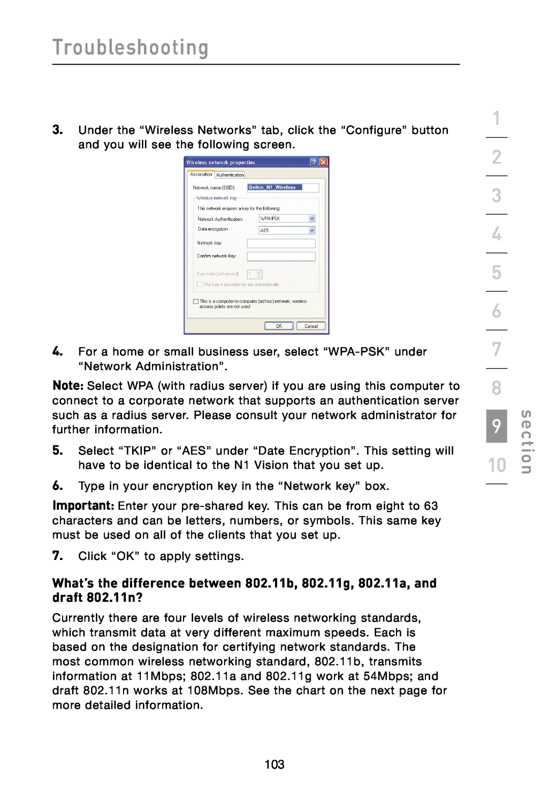 Belkin N1 user manual Troubleshooting, section, Type in your encryption key in the “Network key” box 