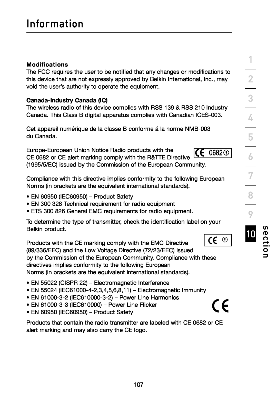 Belkin N1 user manual Information, section, Modifications, Canada-Industry Canada IC 
