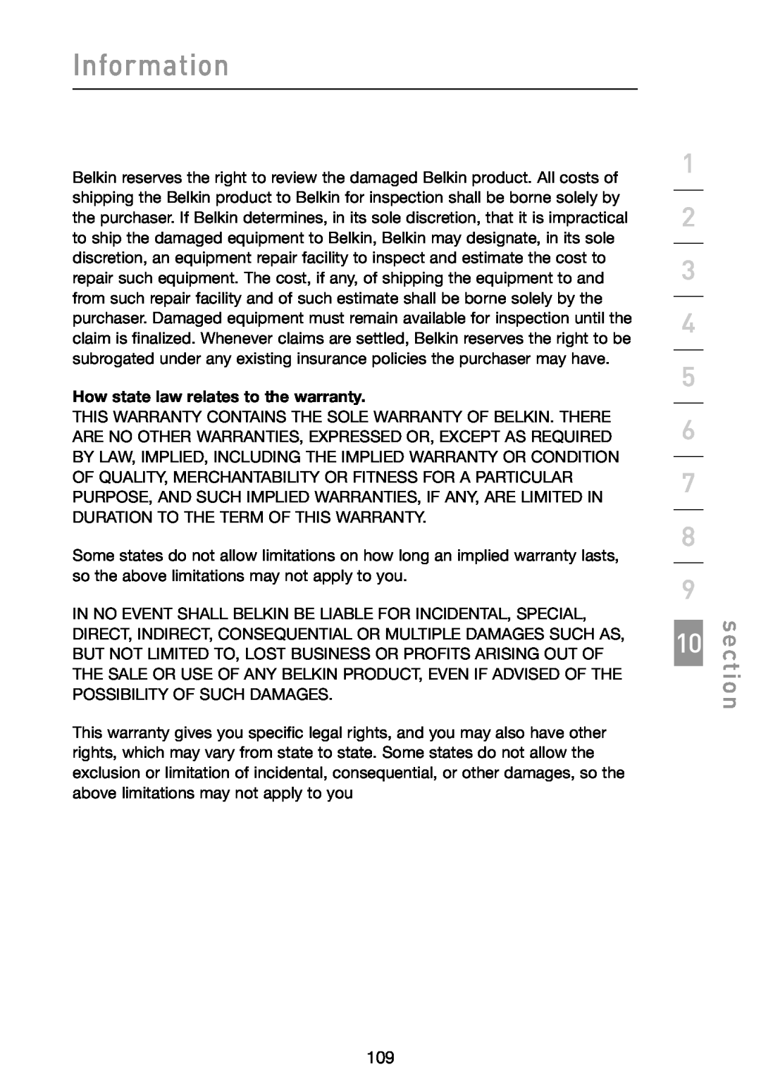 Belkin N1 user manual Information, section, How state law relates to the warranty 