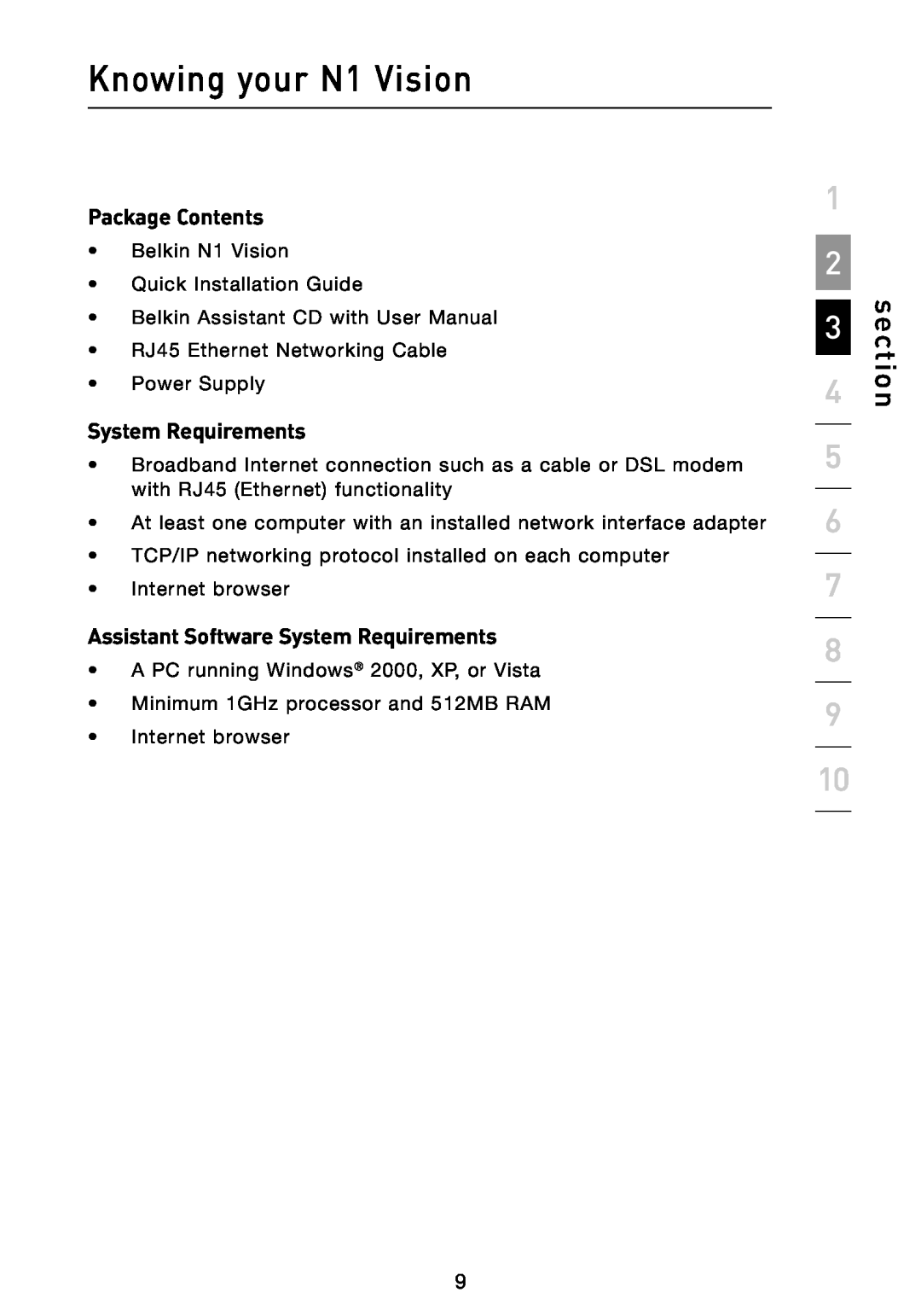 Belkin user manual Knowing your N1 Vision, Package Contents, Assistant Software System Requirements, section 