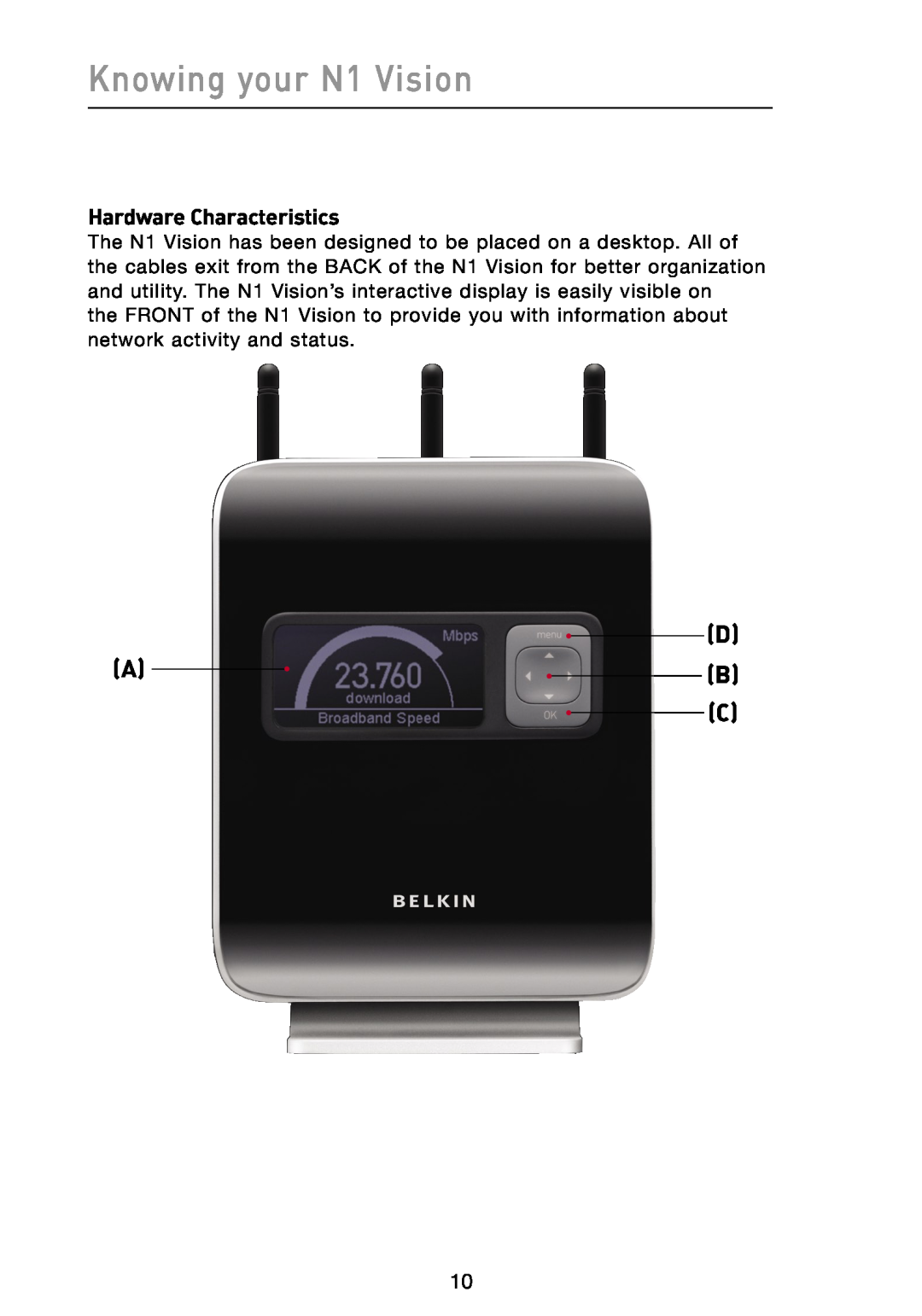Belkin user manual Knowing your N1 Vision, Hardware Characteristics 