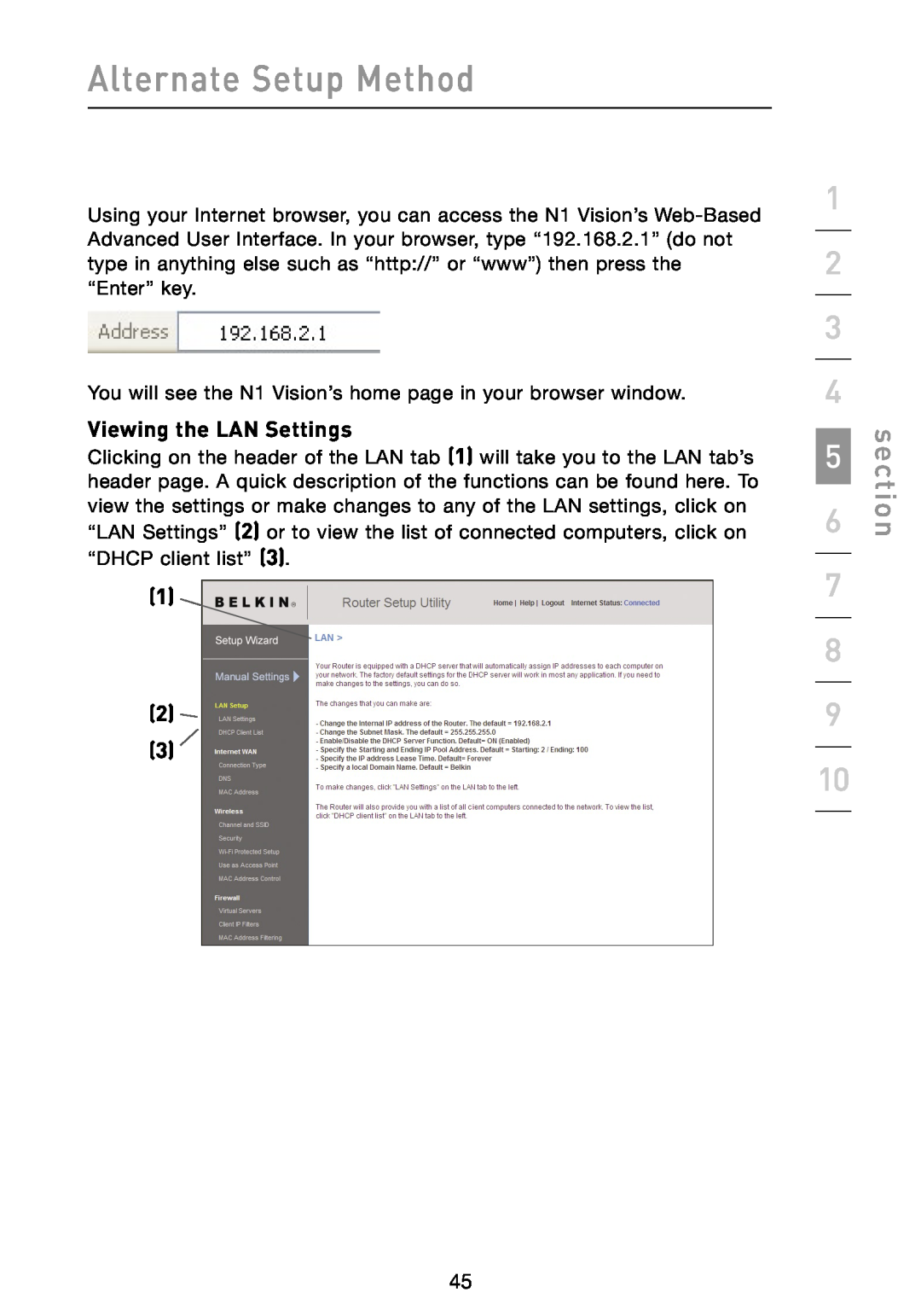 Belkin N1 user manual Viewing the LAN Settings, Alternate Setup Method, section 
