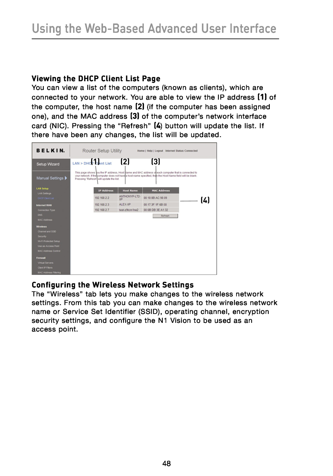 Belkin N1 user manual Using the Web-Based Advanced User Interface, Viewing the DHCP Client List Page 