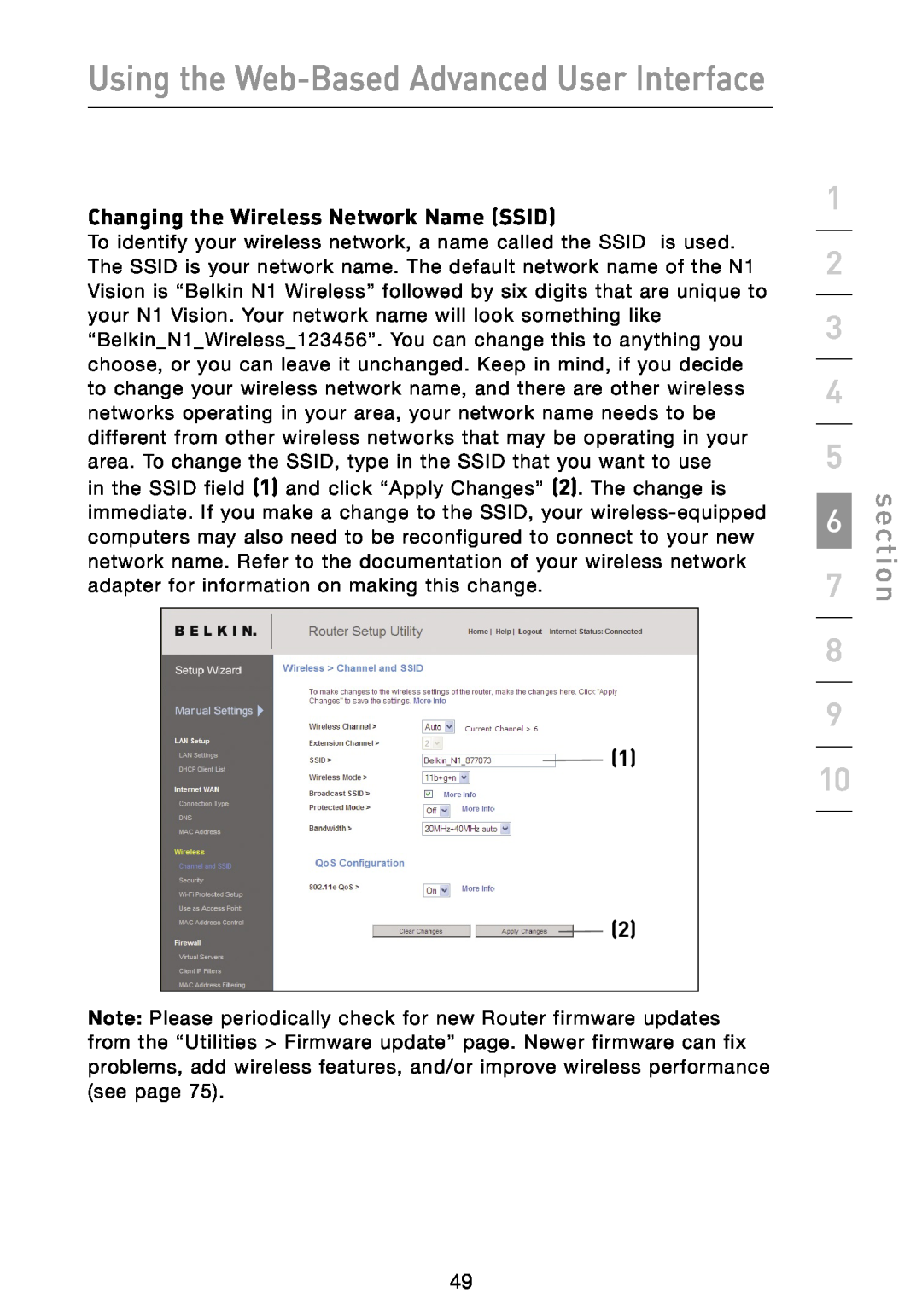 Belkin N1 user manual Using the Web-Based Advanced User Interface, Changing the Wireless Network Name SSID, section 