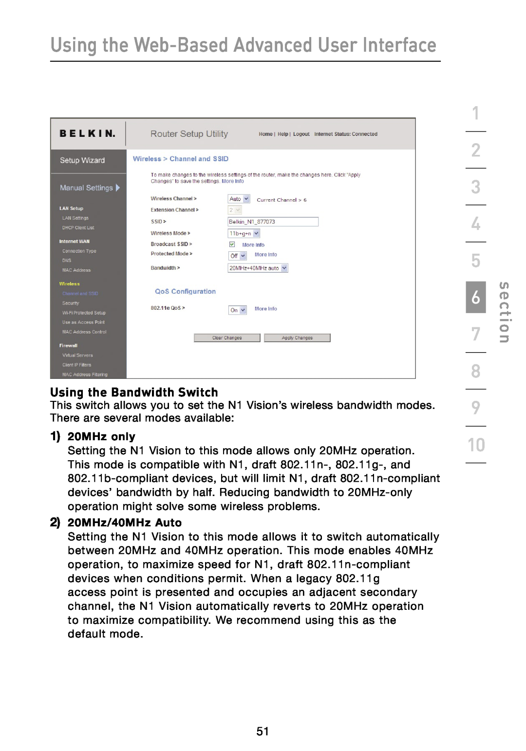 Belkin N1 user manual Using the Bandwidth Switch, Using the Web-Based Advanced User Interface, section, 1 20MHz only 