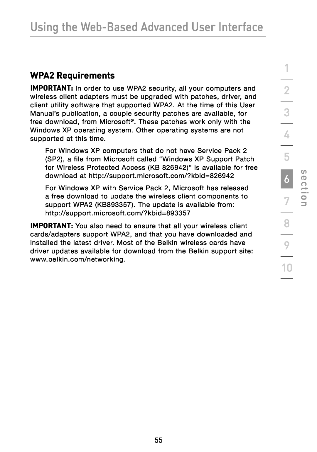 Belkin N1 user manual WPA2 Requirements, Using the Web-Based Advanced User Interface, section 